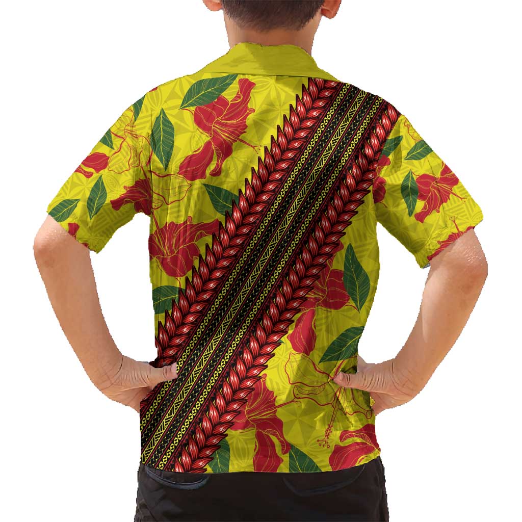 Samoan Culture Family Matching Off Shoulder Maxi Dress and Hawaiian Shirt Hibiscus and Ula Fala with Tapa Pattern YellowColor LT03 - Polynesian Pride