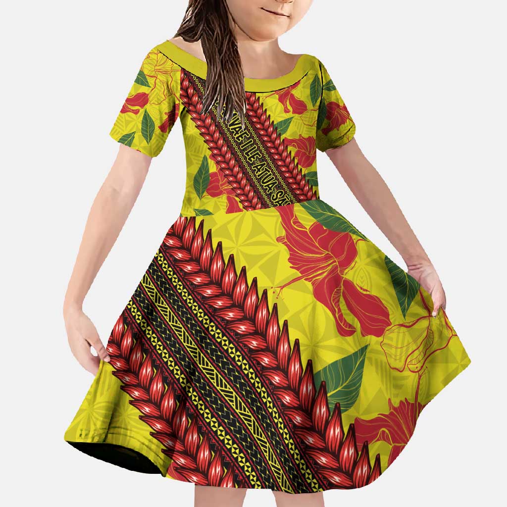 Samoan Culture Family Matching Off Shoulder Maxi Dress and Hawaiian Shirt Hibiscus and Ula Fala with Tapa Pattern YellowColor LT03 Daughter's Dress Yellow - Polynesian Pride