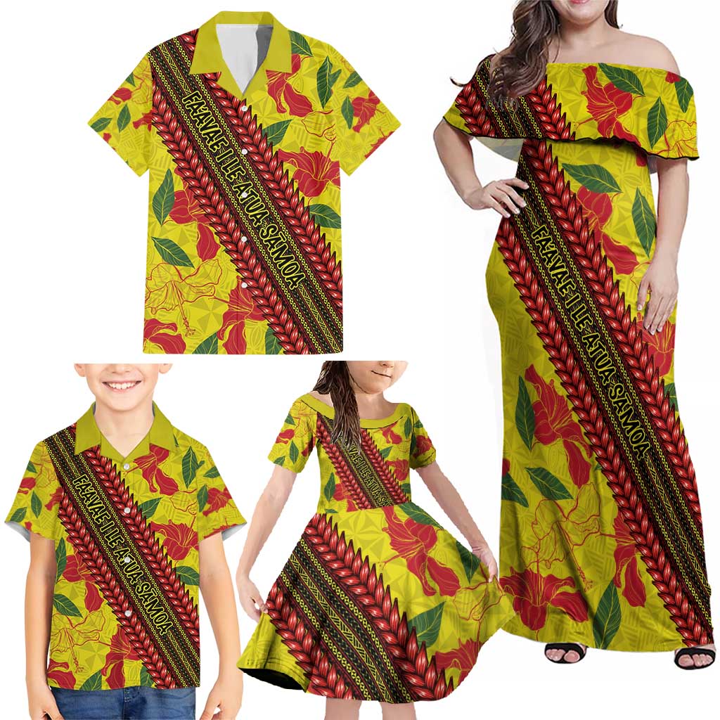 Samoan Culture Family Matching Off Shoulder Maxi Dress and Hawaiian Shirt Hibiscus and Ula Fala with Tapa Pattern YellowColor LT03 - Polynesian Pride