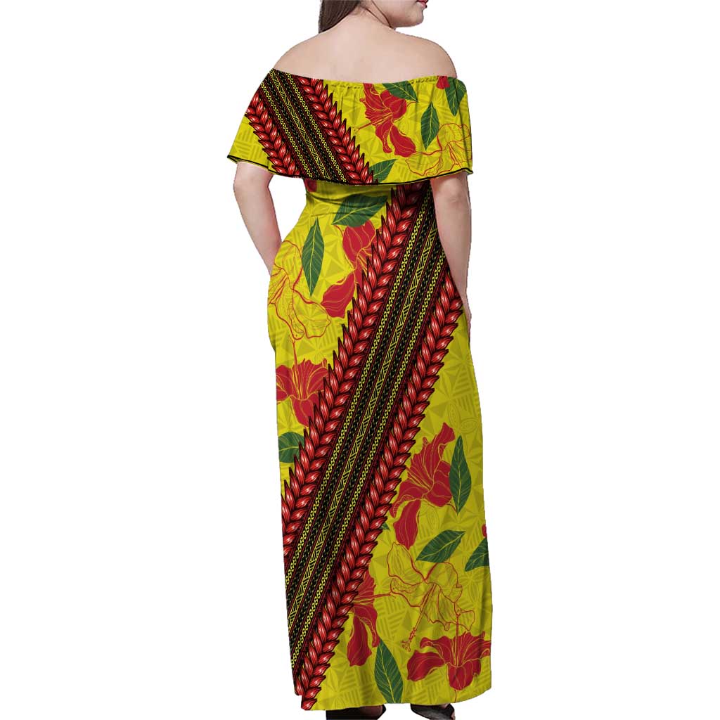 Samoan Culture Family Matching Off Shoulder Maxi Dress and Hawaiian Shirt Hibiscus and Ula Fala with Tapa Pattern YellowColor LT03 - Polynesian Pride