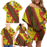 Samoan Culture Family Matching Off Shoulder Short Dress and Hawaiian Shirt Hibiscus and Ula Fala with Tapa Pattern YellowColor LT03 - Polynesian Pride