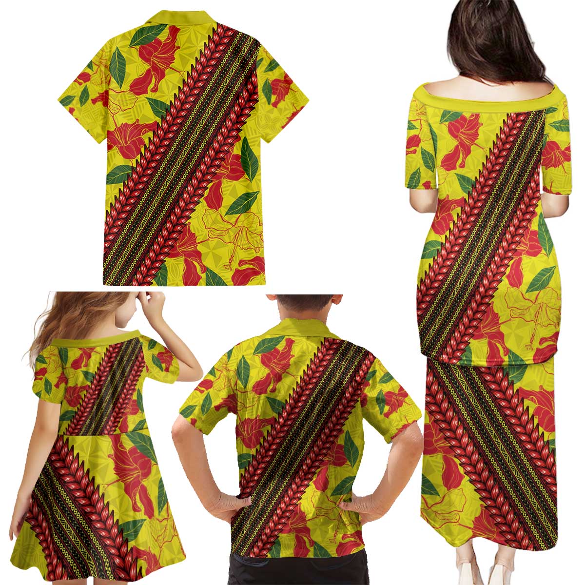 Samoan Culture Family Matching Puletasi and Hawaiian Shirt Hibiscus and Ula Fala with Tapa Pattern YellowColor LT03 - Polynesian Pride