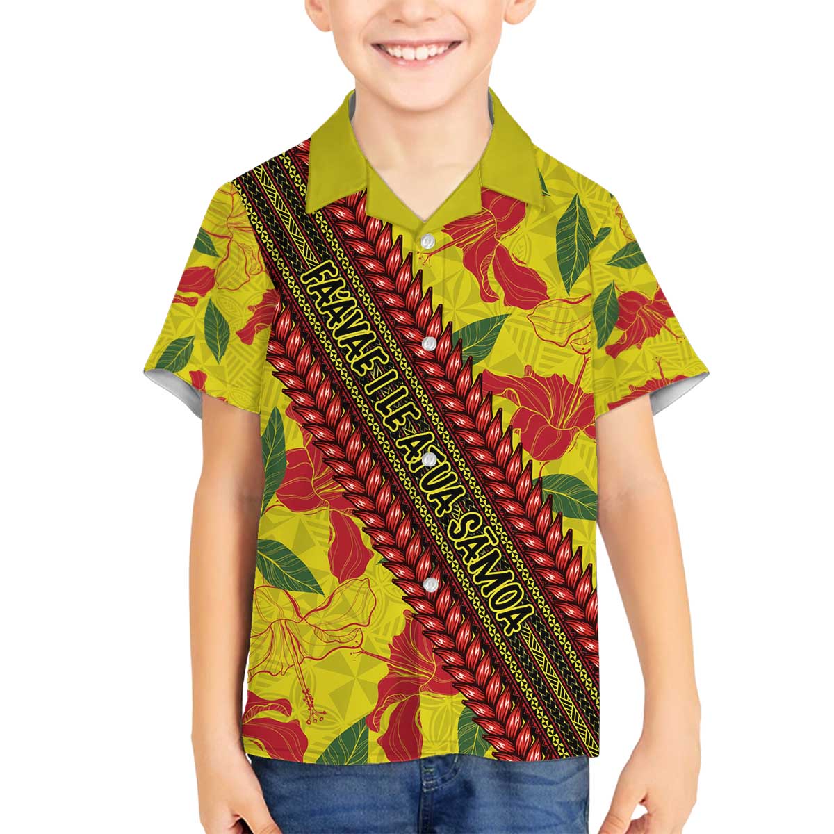 Samoan Culture Family Matching Puletasi and Hawaiian Shirt Hibiscus and Ula Fala with Tapa Pattern YellowColor LT03 Son's Shirt Yellow - Polynesian Pride