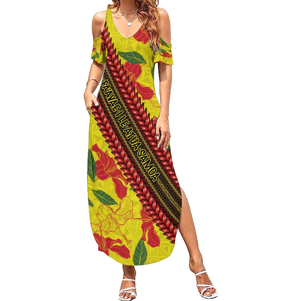 Samoan Culture Family Matching Summer Maxi Dress and Hawaiian Shirt Hibiscus and Ula Fala with Tapa Pattern YellowColor LT03 Mom's Dress Yellow - Polynesian Pride