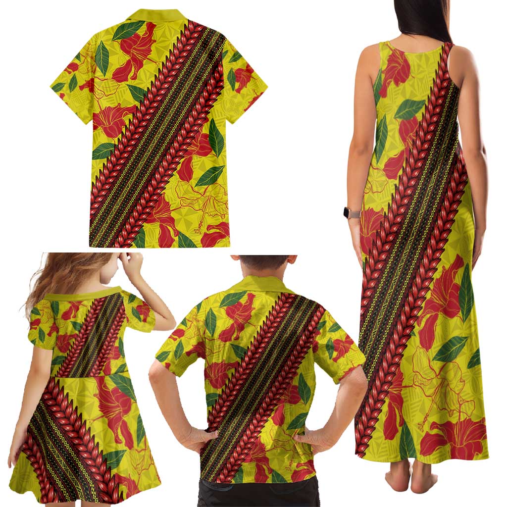 Samoan Culture Family Matching Tank Maxi Dress and Hawaiian Shirt Hibiscus and Ula Fala with Tapa Pattern YellowColor LT03 - Polynesian Pride