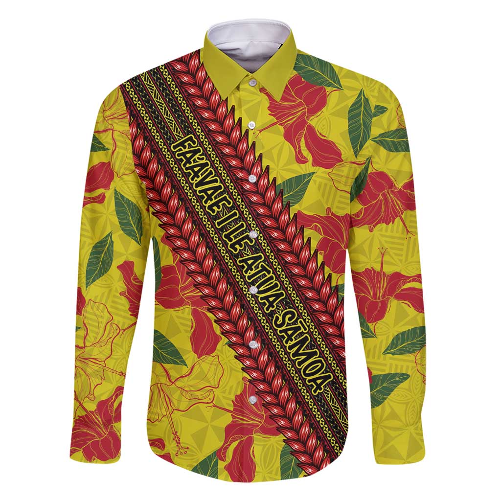 Samoan Culture Family Matching Tank Maxi Dress and Hawaiian Shirt Hibiscus and Ula Fala with Tapa Pattern YellowColor LT03 Dad's Shirt - Long Sleeve Yellow - Polynesian Pride