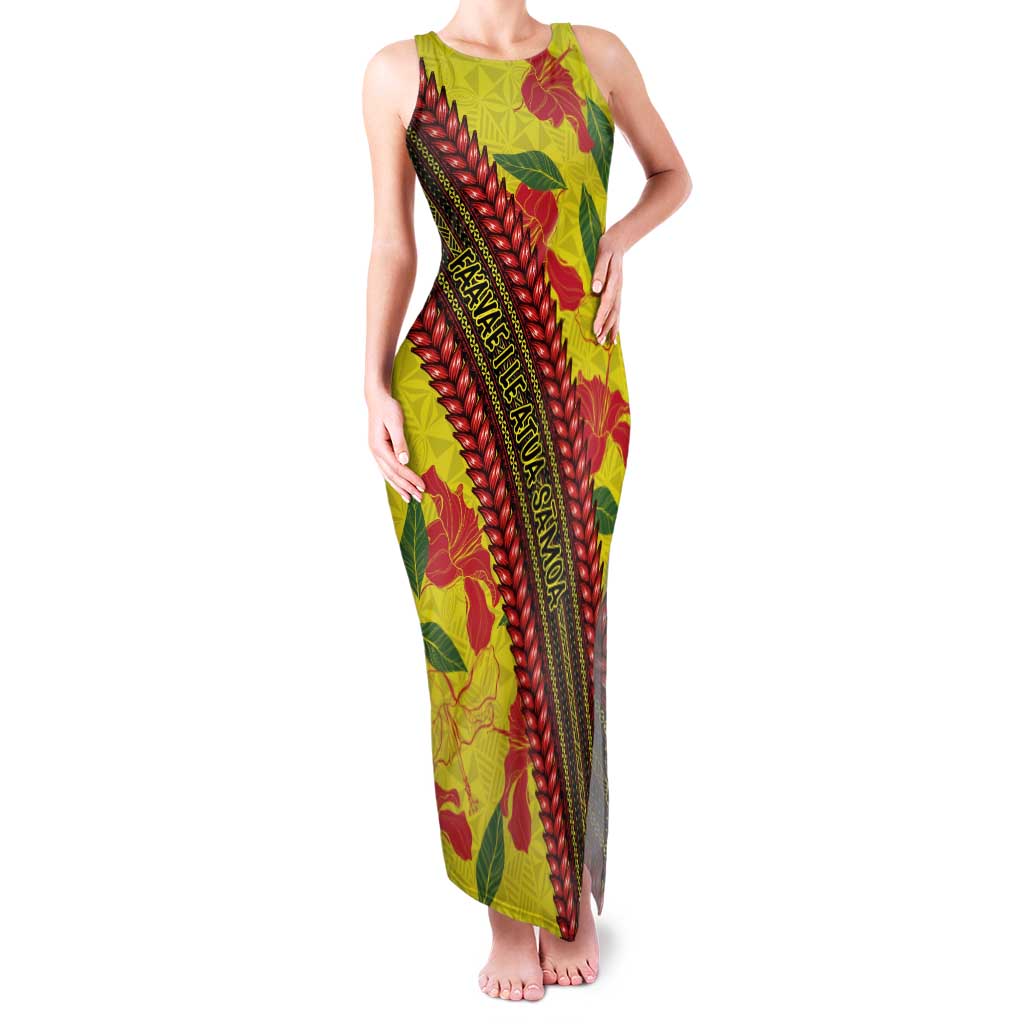 Samoan Culture Family Matching Tank Maxi Dress and Hawaiian Shirt Hibiscus and Ula Fala with Tapa Pattern YellowColor LT03 Mom's Dress Yellow - Polynesian Pride