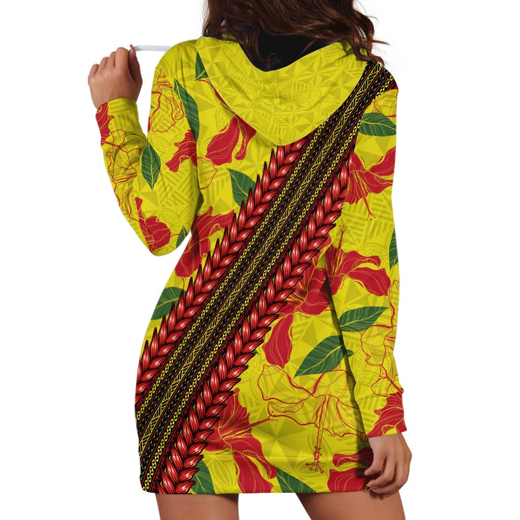 Samoan Culture Hoodie Dress Hibiscus and Ula Fala with Tapa Pattern YellowColor LT03 - Polynesian Pride