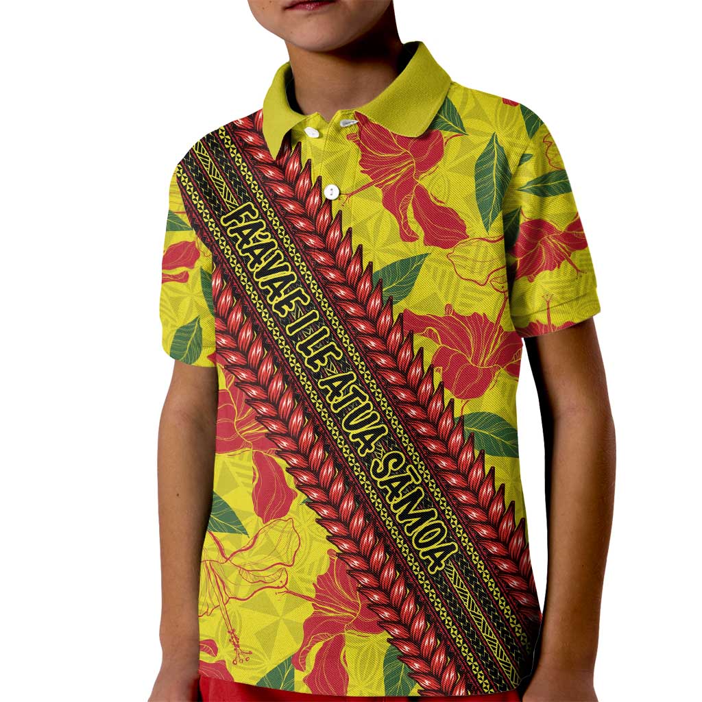 Samoan Culture Kid Polo Shirt Hibiscus and Ula Fala with Tapa Pattern YellowColor LT03 Kid Yellow - Polynesian Pride