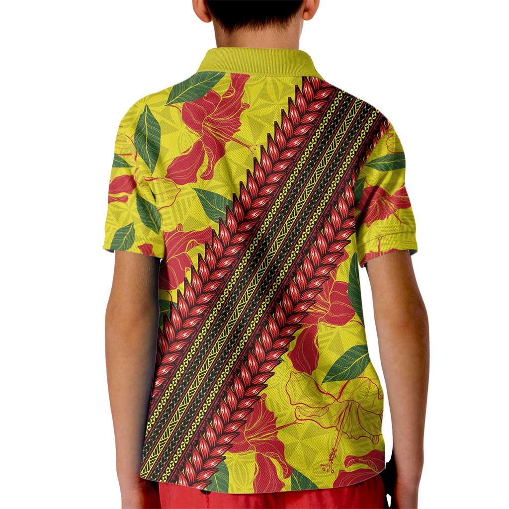 Samoan Culture Kid Polo Shirt Hibiscus and Ula Fala with Tapa Pattern YellowColor LT03 - Polynesian Pride