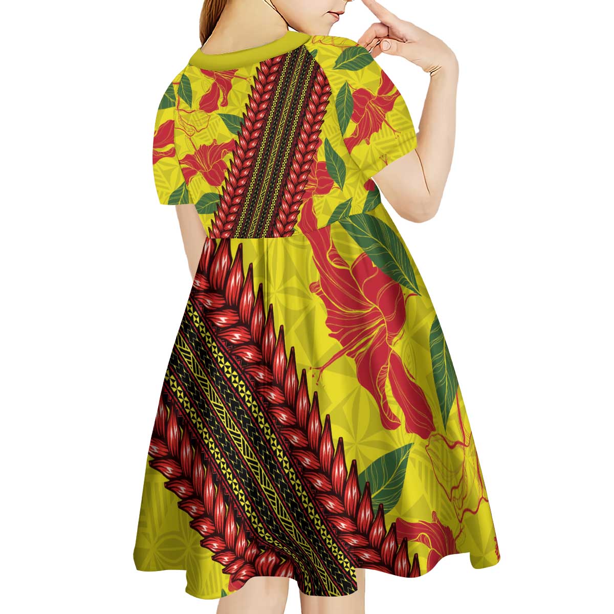 Samoan Culture Kid Short Sleeve Dress Hibiscus and Ula Fala with Tapa Pattern YellowColor LT03 - Polynesian Pride