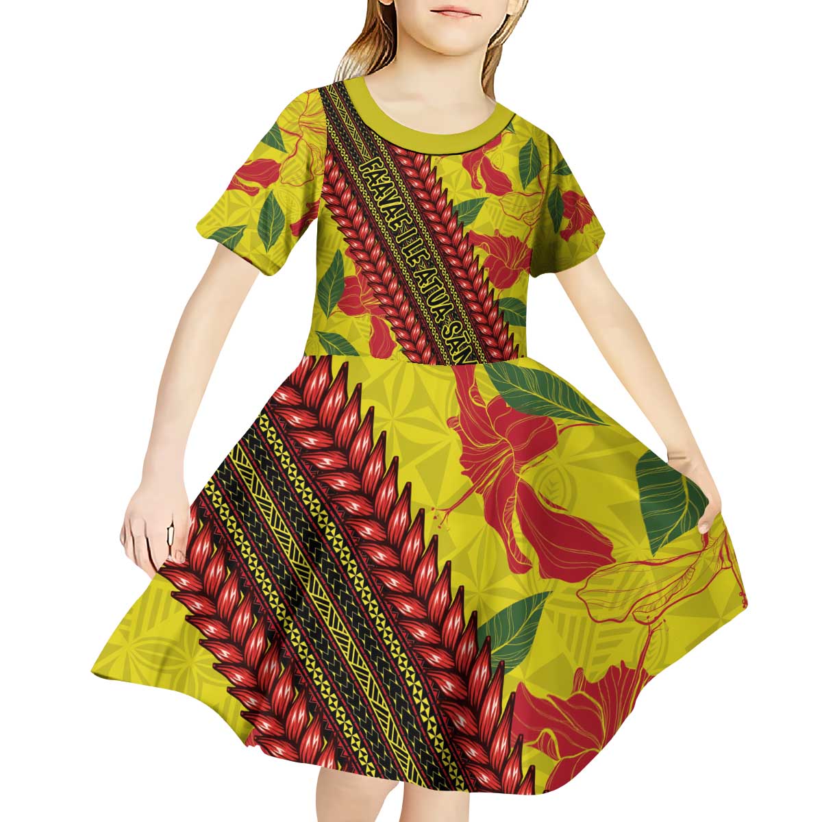 Samoan Culture Kid Short Sleeve Dress Hibiscus and Ula Fala with Tapa Pattern YellowColor LT03 - Polynesian Pride
