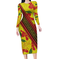 Samoan Culture Long Sleeve Bodycon Dress Hibiscus and Ula Fala with Tapa Pattern YellowColor LT03 Long Dress Yellow - Polynesian Pride