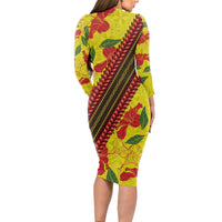 Samoan Culture Long Sleeve Bodycon Dress Hibiscus and Ula Fala with Tapa Pattern YellowColor LT03 - Polynesian Pride