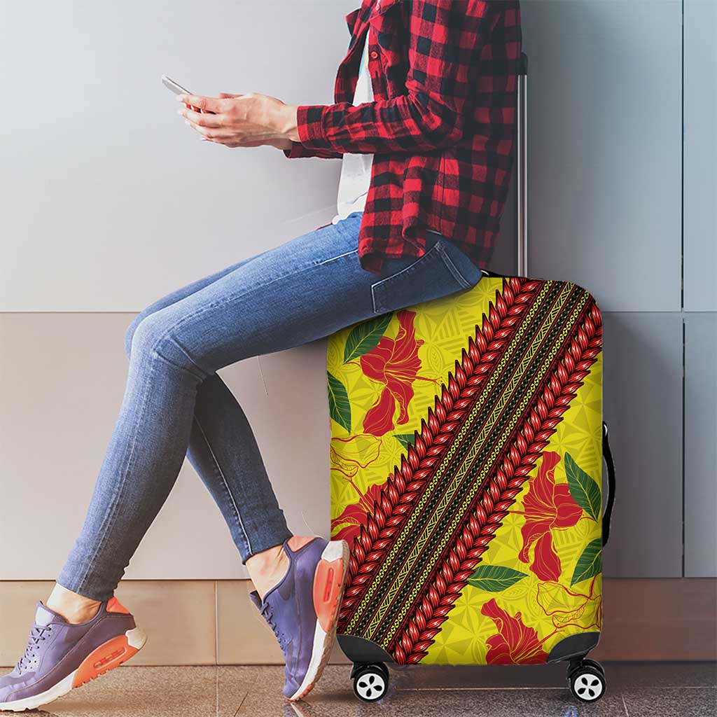 Samoan Culture Luggage Cover Hibiscus and Ula Fala with Tapa Pattern Yellow Color LT03 - Polynesian Pride