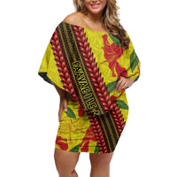 Samoan Culture Off Shoulder Short Dress Hibiscus and Ula Fala with Tapa Pattern YellowColor LT03 Women Yellow - Polynesian Pride