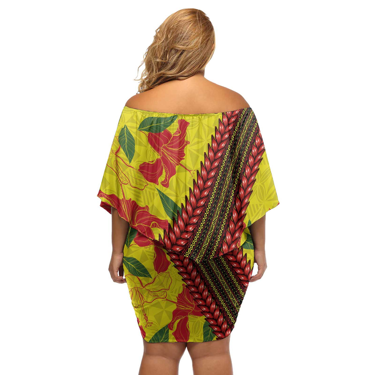 Samoan Culture Off Shoulder Short Dress Hibiscus and Ula Fala with Tapa Pattern YellowColor LT03 - Polynesian Pride