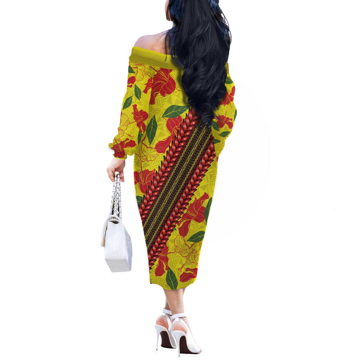 Samoan Culture Off The Shoulder Long Sleeve Dress Hibiscus and Ula Fala with Tapa Pattern YellowColor LT03 - Polynesian Pride