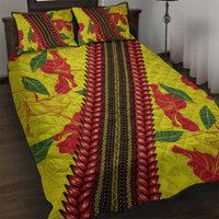 Samoan Culture Quilt Bed Set Hibiscus and Ula Fala with Tapa Pattern Yellow Color