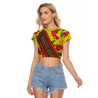 Samoan Culture Raglan Cropped T Shirt Hibiscus and Ula Fala with Tapa Pattern YellowColor LT03 Female Yellow - Polynesian Pride