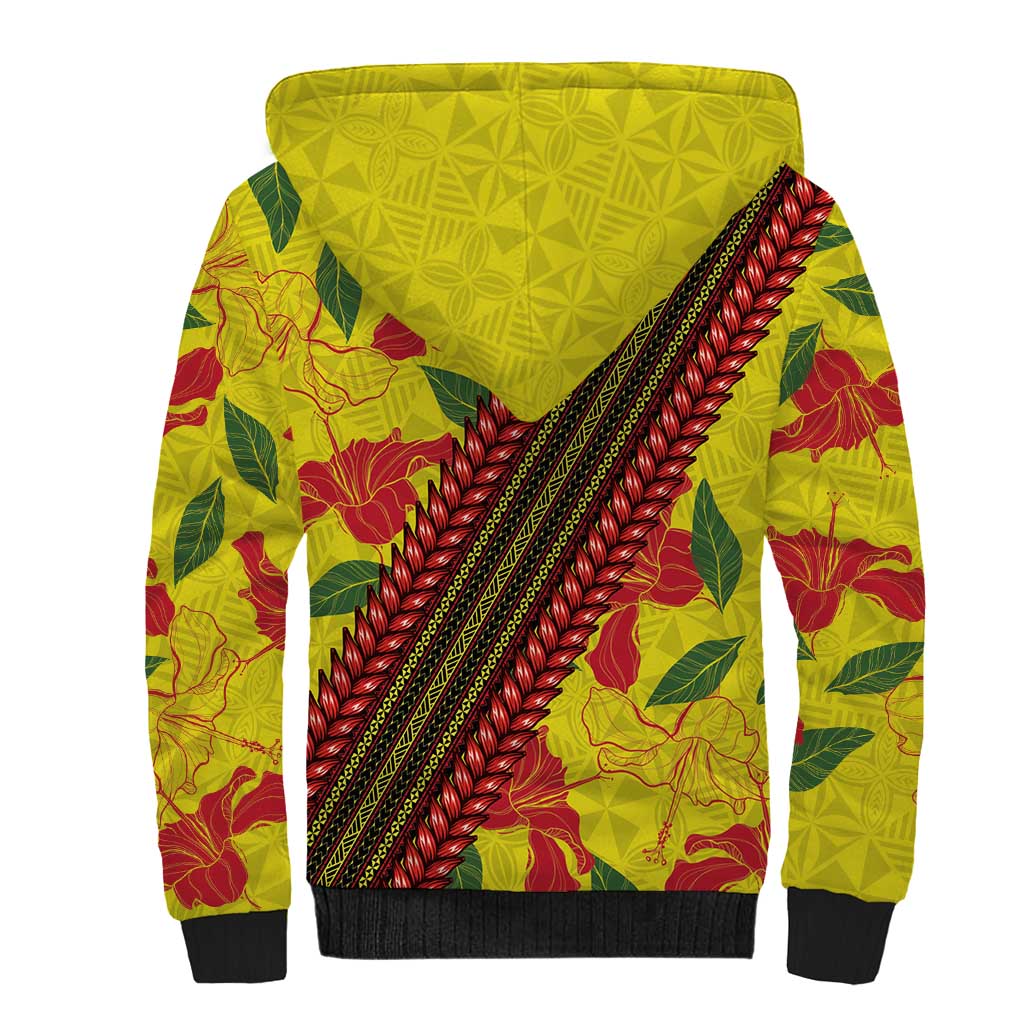 Samoan Culture Sherpa Hoodie Hibiscus and Ula Fala with Tapa Pattern YellowColor LT03 - Polynesian Pride