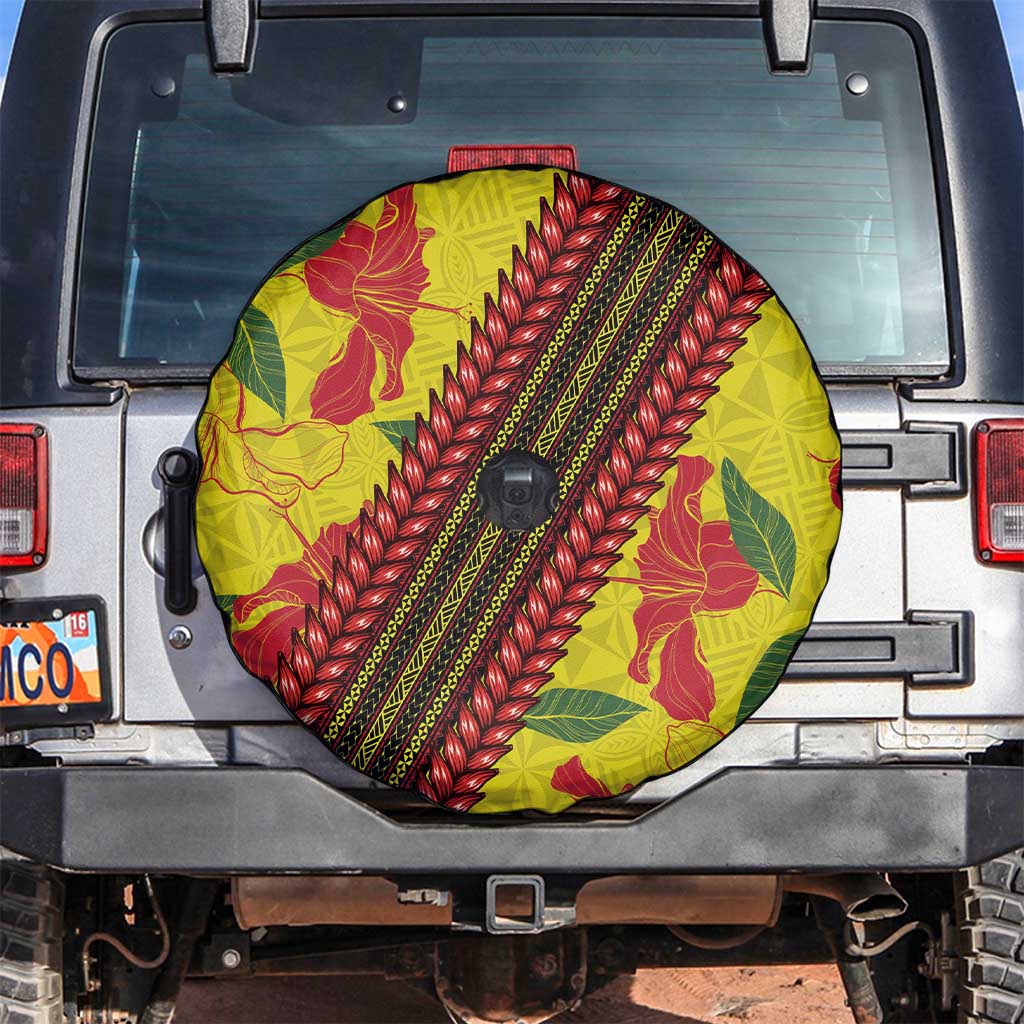 Samoan Culture Spare Tire Cover Hibiscus and Ula Fala with Tapa Pattern Yellow Color LT03 Yellow - Polynesian Pride
