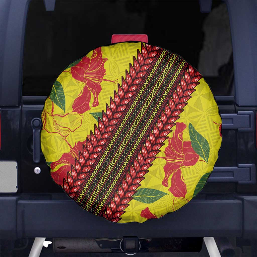 Samoan Culture Spare Tire Cover Hibiscus and Ula Fala with Tapa Pattern Yellow Color LT03 - Polynesian Pride