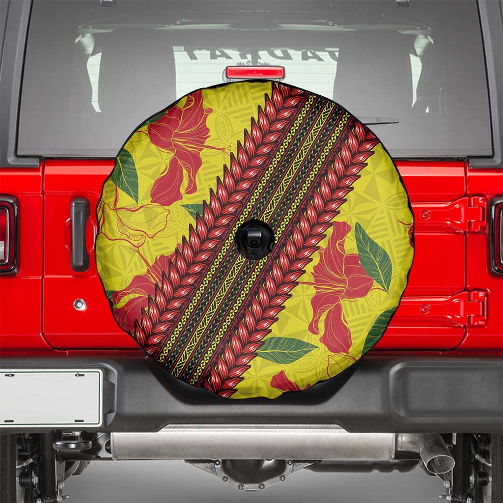 Samoan Culture Spare Tire Cover Hibiscus and Ula Fala with Tapa Pattern Yellow Color LT03 - Polynesian Pride