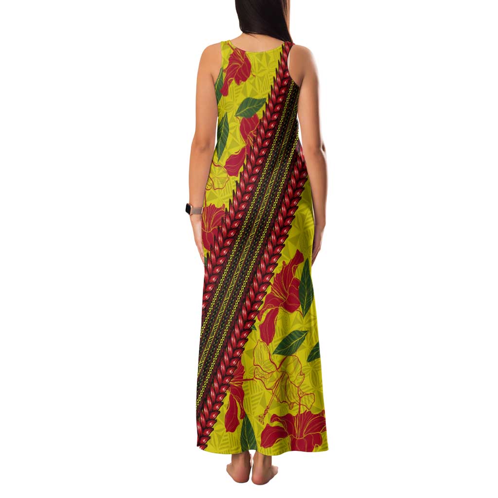 Samoan Culture Tank Maxi Dress Hibiscus and Ula Fala with Tapa Pattern YellowColor LT03 - Polynesian Pride