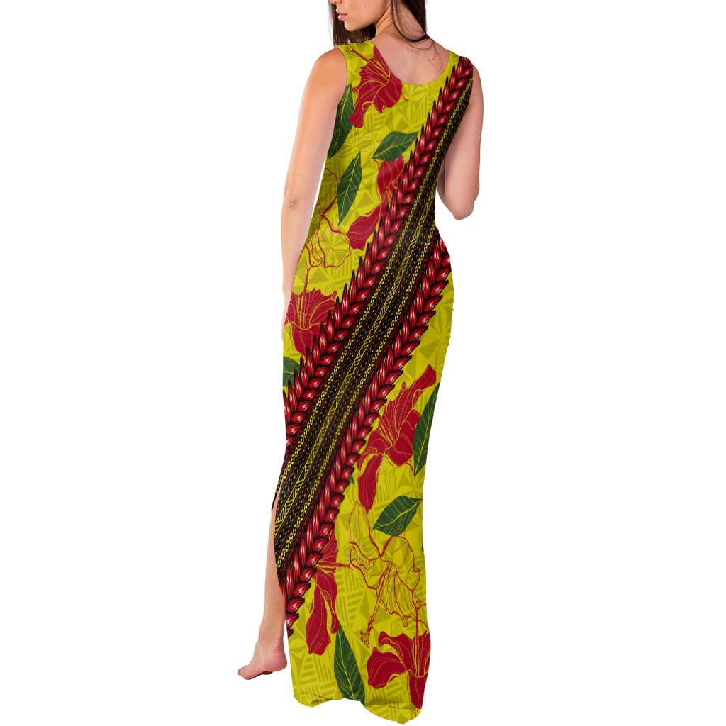 Samoan Culture Tank Maxi Dress Hibiscus and Ula Fala with Tapa Pattern YellowColor LT03 - Polynesian Pride