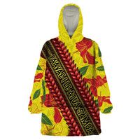 Samoan Culture Wearable Blanket Hoodie Hibiscus and Ula Fala with Tapa Pattern YellowColor LT03 One Size Yellow - Polynesian Pride
