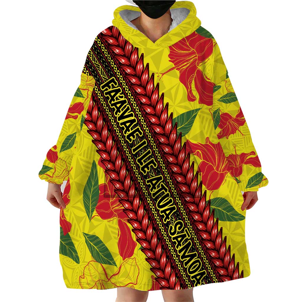 Samoan Culture Wearable Blanket Hoodie Hibiscus and Ula Fala with Tapa Pattern YellowColor LT03 - Polynesian Pride