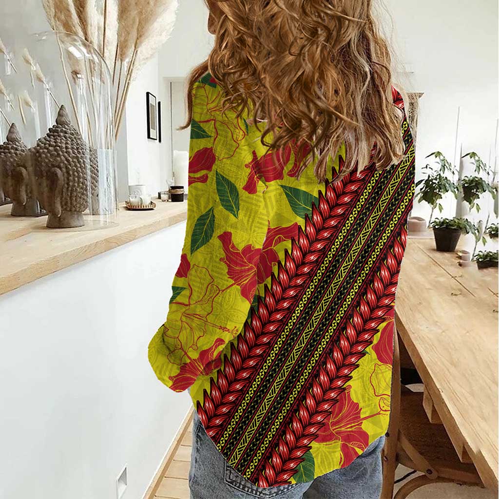 Samoan Culture Women Casual Shirt Hibiscus and Ula Fala with Tapa Pattern YellowColor LT03 - Polynesian Pride