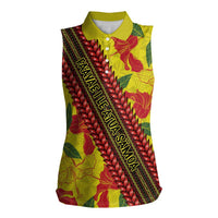 Samoan Culture Women Sleeveless Polo Shirt Hibiscus and Ula Fala with Tapa Pattern YellowColor LT03 Female Yellow - Polynesian Pride
