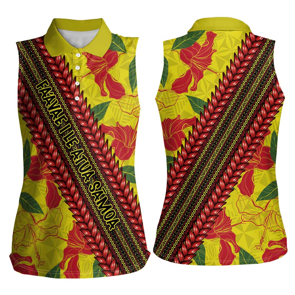 Samoan Culture Women Sleeveless Polo Shirt Hibiscus and Ula Fala with Tapa Pattern YellowColor LT03 - Polynesian Pride