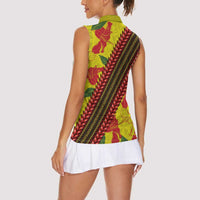 Samoan Culture Women Sleeveless Polo Shirt Hibiscus and Ula Fala with Tapa Pattern YellowColor LT03 - Polynesian Pride