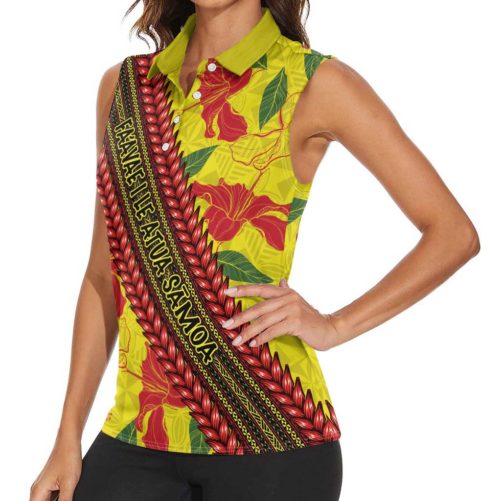 Samoan Culture Women Sleeveless Polo Shirt Hibiscus and Ula Fala with Tapa Pattern YellowColor LT03 - Polynesian Pride