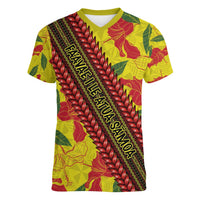 Samoan Culture Women V-Neck T-Shirt Hibiscus and Ula Fala with Tapa Pattern YellowColor LT03 Female Yellow - Polynesian Pride