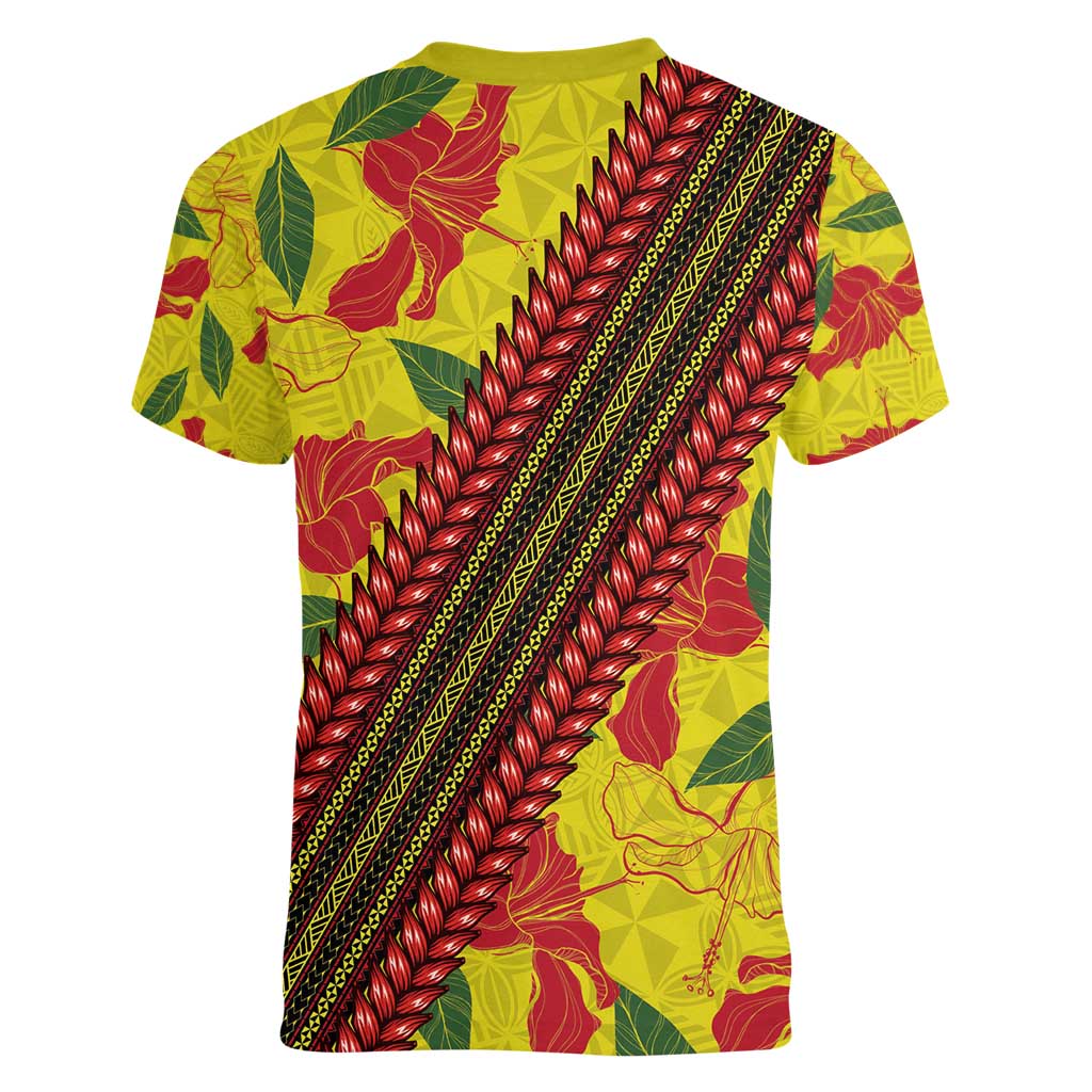 Samoan Culture Women V-Neck T-Shirt Hibiscus and Ula Fala with Tapa Pattern YellowColor LT03 - Polynesian Pride