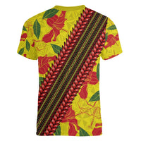 Samoan Culture Women V-Neck T-Shirt Hibiscus and Ula Fala with Tapa Pattern YellowColor LT03 - Polynesian Pride