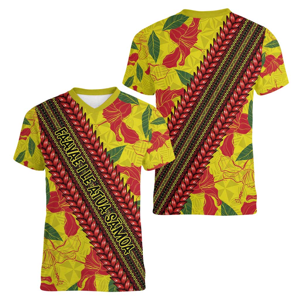 Samoan Culture Women V-Neck T-Shirt Hibiscus and Ula Fala with Tapa Pattern YellowColor LT03 - Polynesian Pride