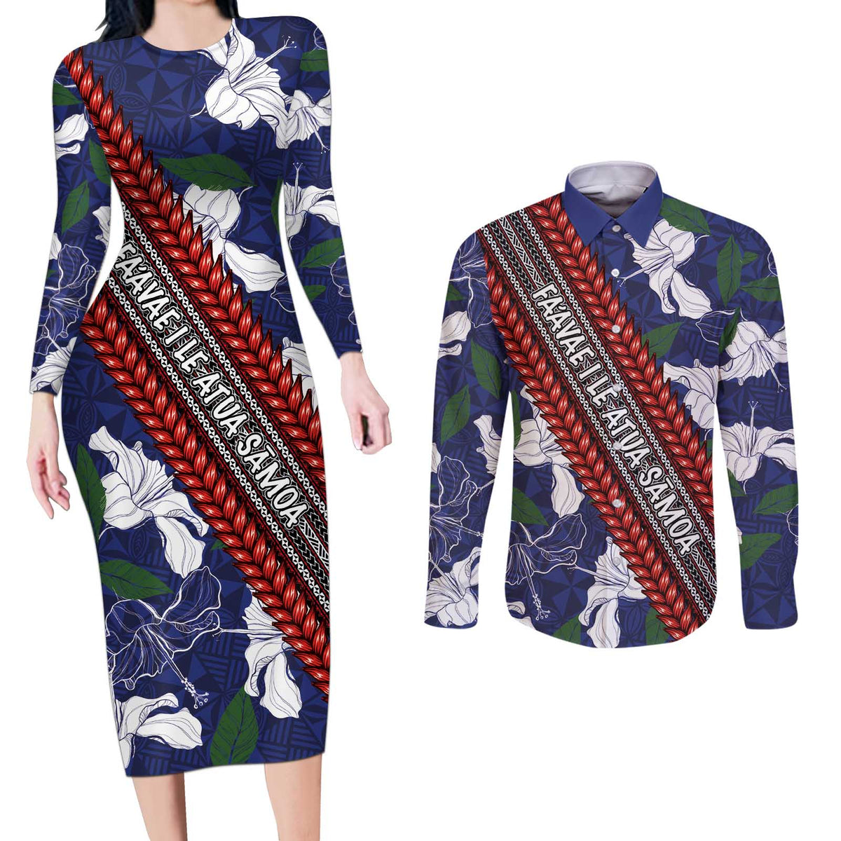 Samoan Culture Couples Matching Long Sleeve Bodycon Dress and Long Sleeve Button Shirt Hibiscus and Ula Fala with Tapa Pattern Blue Color LT03 Blue - Polynesian Pride