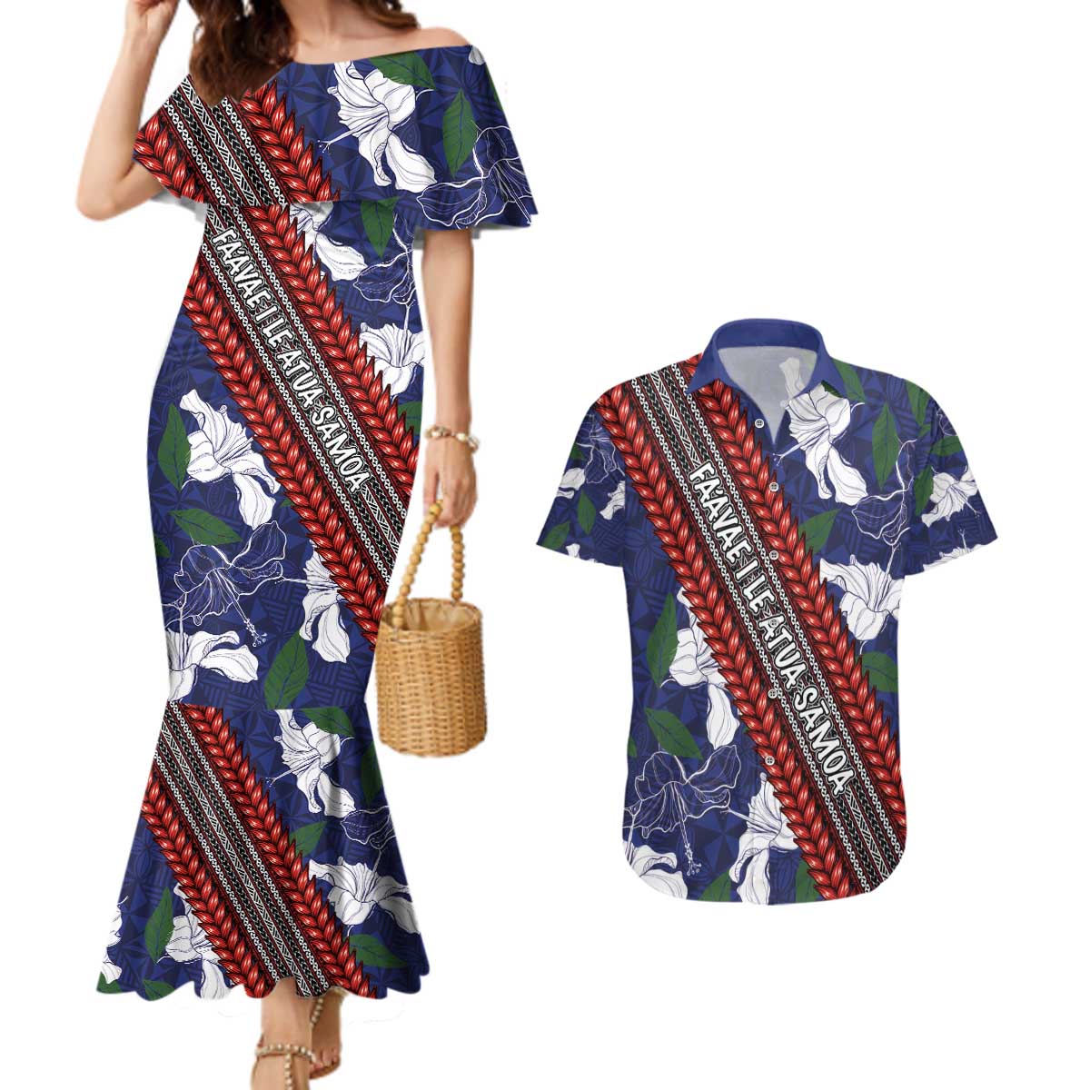 Samoan Culture Couples Matching Mermaid Dress and Hawaiian Shirt Hibiscus and Ula Fala with Tapa Pattern Blue Color LT03 Blue - Polynesian Pride