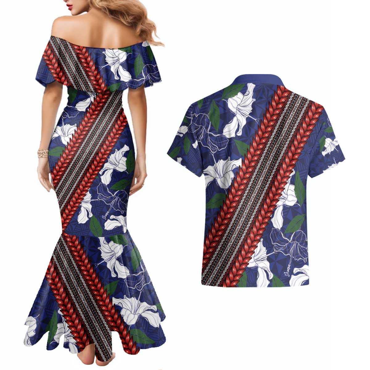 Samoan Culture Couples Matching Mermaid Dress and Hawaiian Shirt Hibiscus and Ula Fala with Tapa Pattern Blue Color LT03 - Polynesian Pride