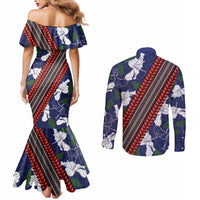 Samoan Culture Couples Matching Mermaid Dress and Long Sleeve Button Shirt Hibiscus and Ula Fala with Tapa Pattern Blue Color LT03 - Polynesian Pride