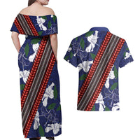 Samoan Culture Couples Matching Off Shoulder Maxi Dress and Hawaiian Shirt Hibiscus and Ula Fala with Tapa Pattern Blue Color LT03 - Polynesian Pride