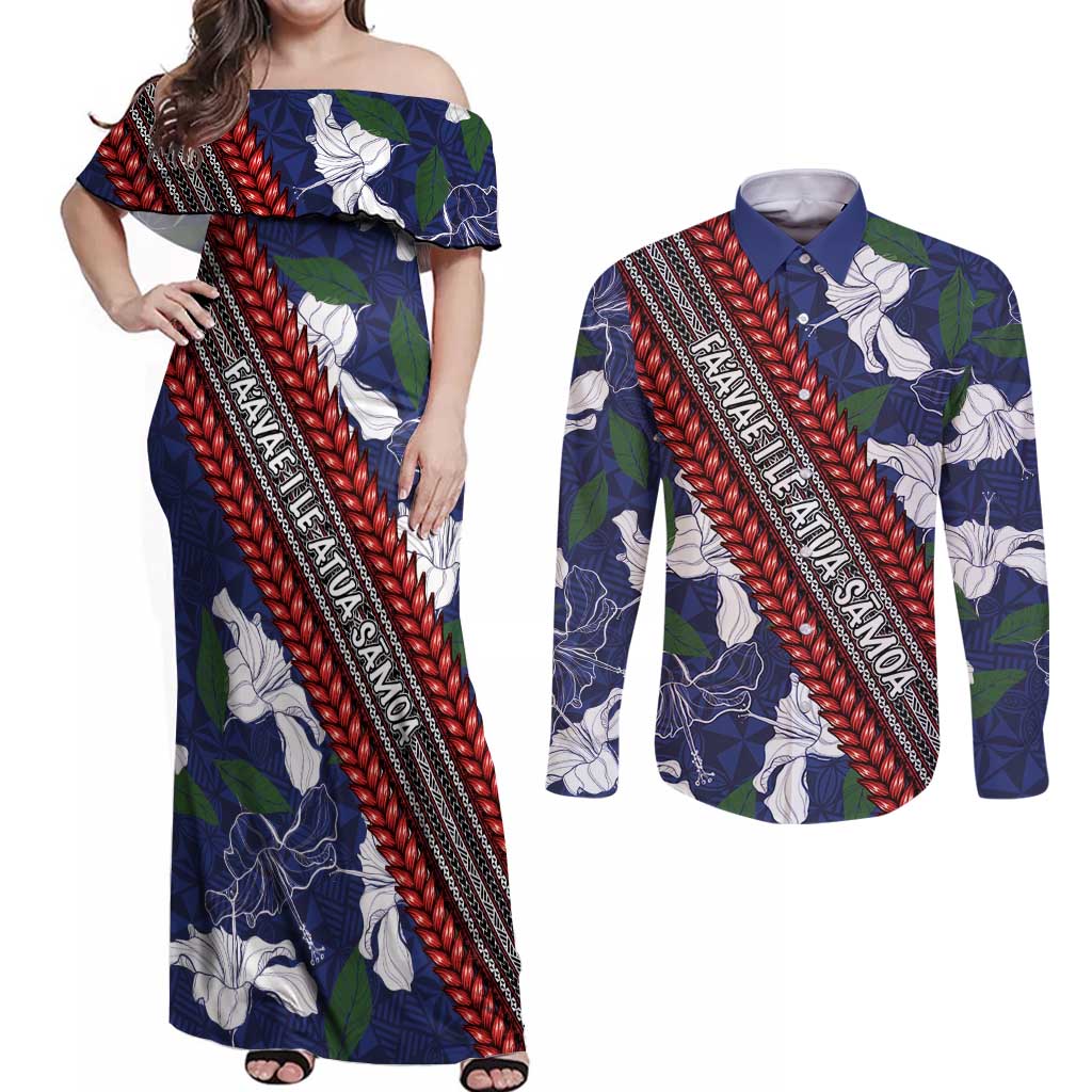 Samoan Culture Couples Matching Off Shoulder Maxi Dress and Long Sleeve Button Shirt Hibiscus and Ula Fala with Tapa Pattern Blue Color LT03 Blue - Polynesian Pride
