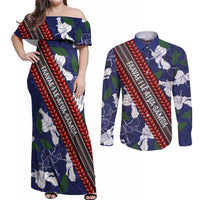 Samoan Culture Couples Matching Off Shoulder Maxi Dress and Long Sleeve Button Shirt Hibiscus and Ula Fala with Tapa Pattern Blue Color LT03 Blue - Polynesian Pride