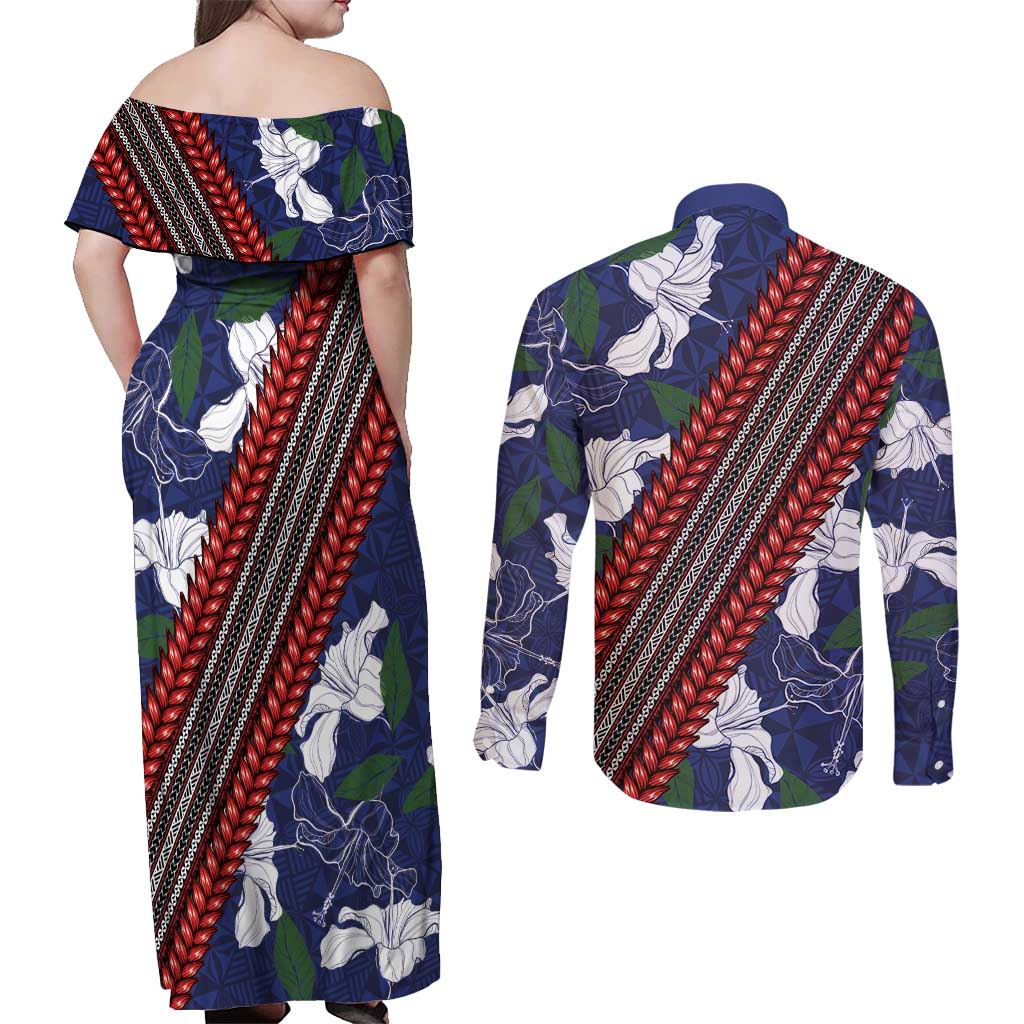 Samoan Culture Couples Matching Off Shoulder Maxi Dress and Long Sleeve Button Shirt Hibiscus and Ula Fala with Tapa Pattern Blue Color LT03 - Polynesian Pride