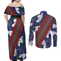 Samoan Culture Couples Matching Off Shoulder Maxi Dress and Long Sleeve Button Shirt Hibiscus and Ula Fala with Tapa Pattern Blue Color LT03 - Polynesian Pride